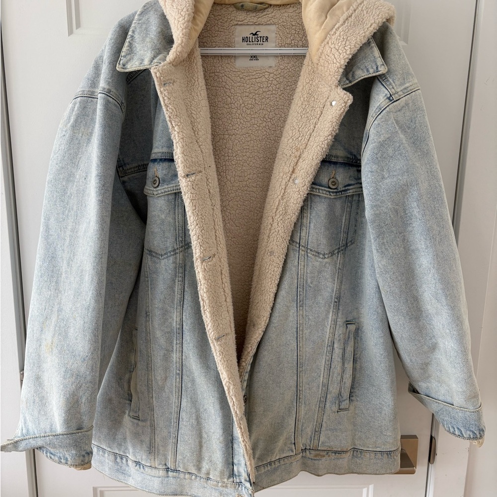 Hollister Sherpa Lined Denim Jacket Hooded Cozy Winter XXL - Picture 1 of 3